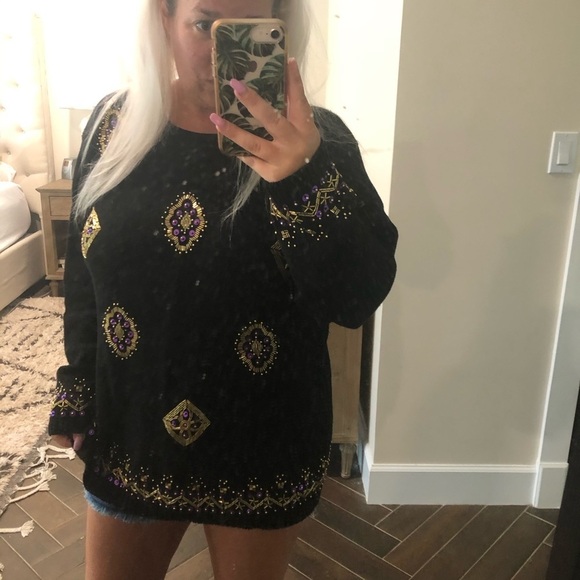 VINTAGE Sweater Womens medium Black Knit Beaded Pullover Ugly Christmas Sequin - Picture 2 of 8